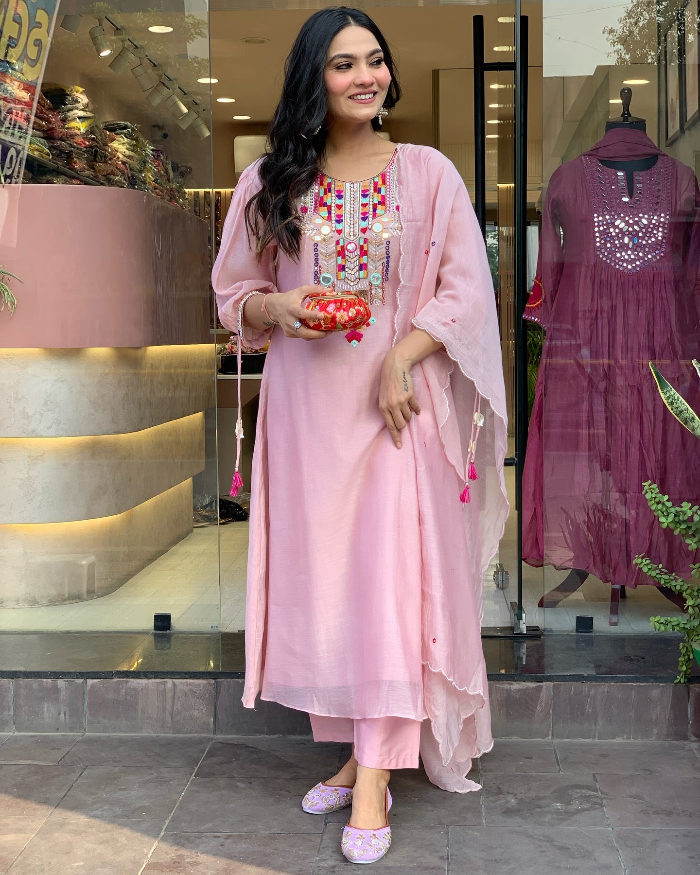 White Rana Pink Chanderi Silk Organza Kurti Set