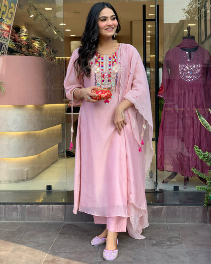 White Rana Pink Chanderi Silk Organza Kurti Set