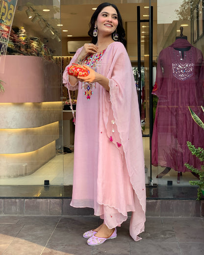 White Rana Pink Chanderi Silk Organza Kurti Set