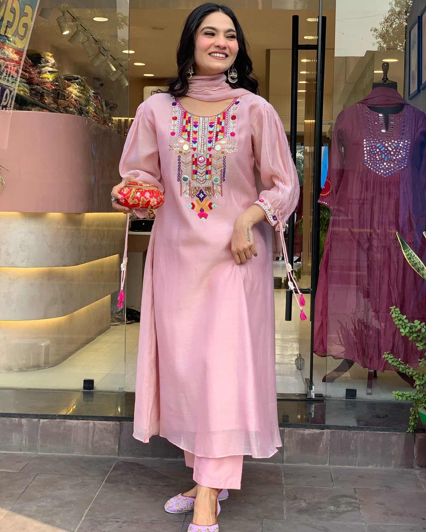 White Rana Pink Chanderi Silk Organza Kurti Set