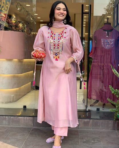 White Rana Pink Chanderi Silk Organza Kurti Set