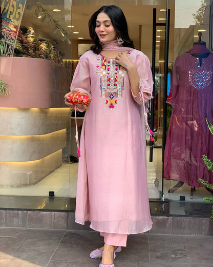 White Rana Pink Chanderi Silk Organza Kurti Set