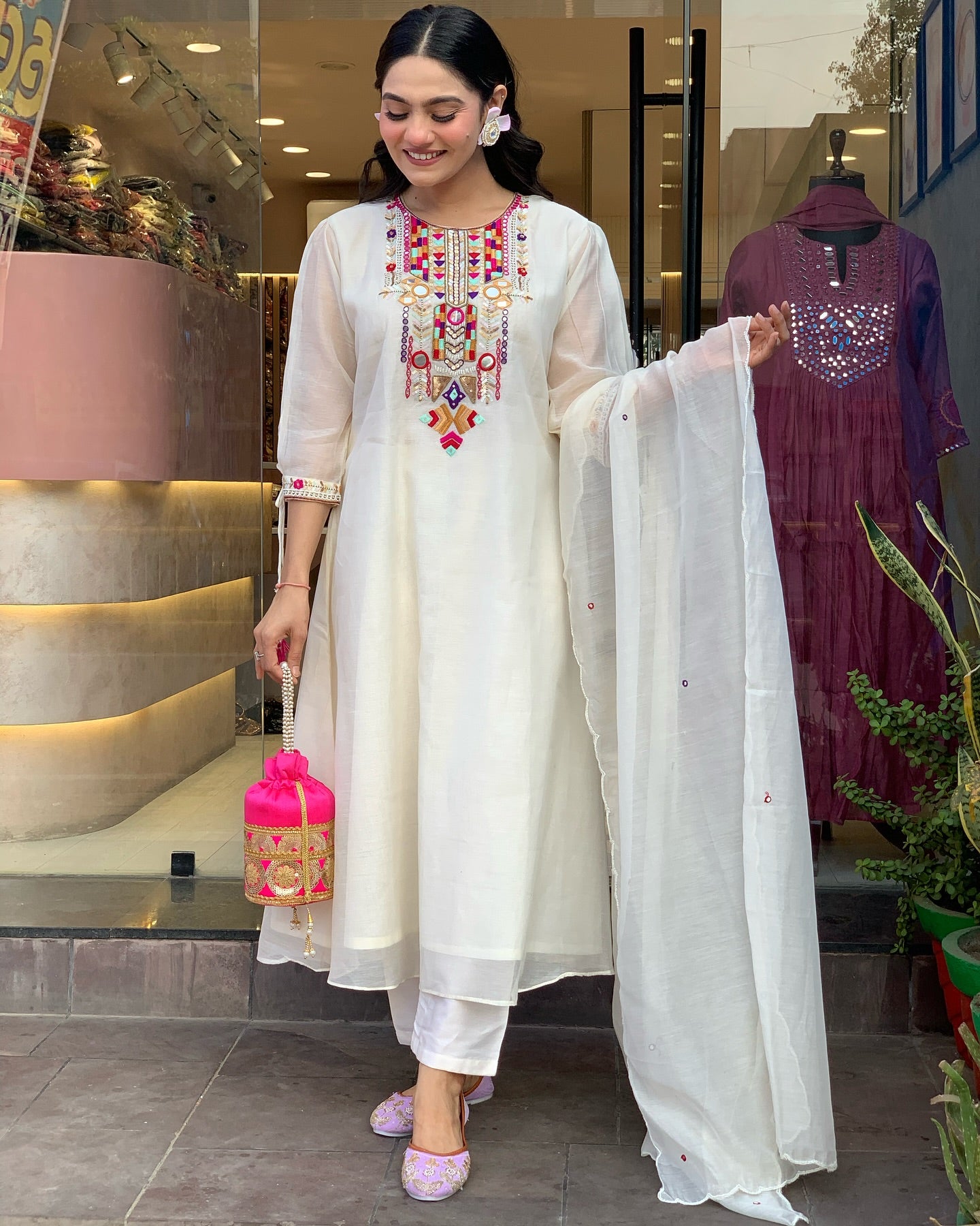 White Rana Pink Chanderi Silk Organza Kurti Set