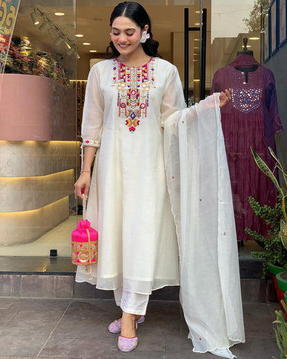 White Rana Pink Chanderi Silk Organza Kurti Set