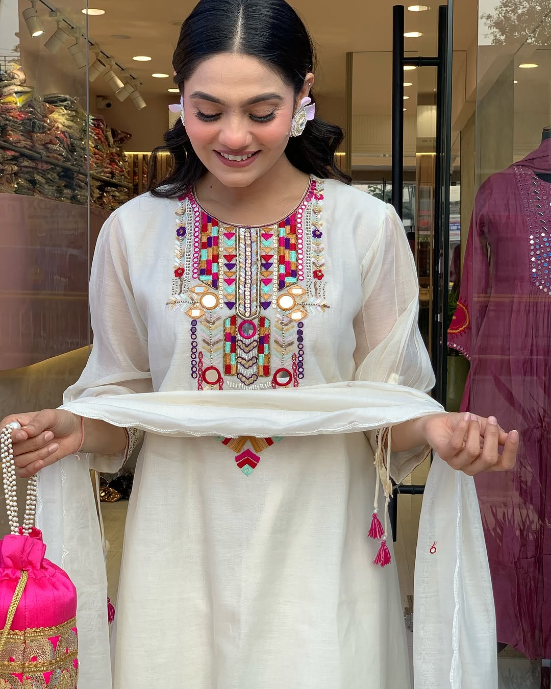 White Rana Pink Chanderi Silk Organza Kurti Set