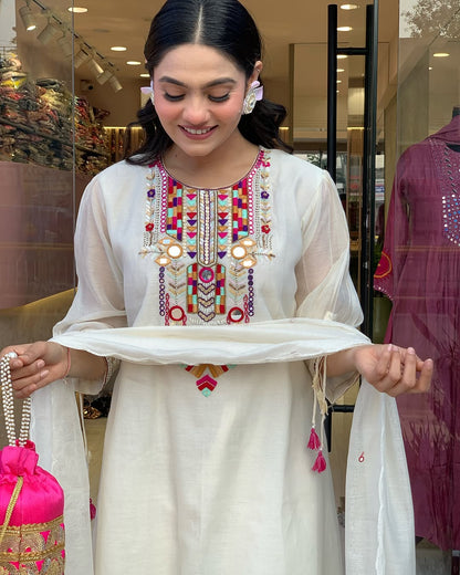 White Rana Pink Chanderi Silk Organza Kurti Set