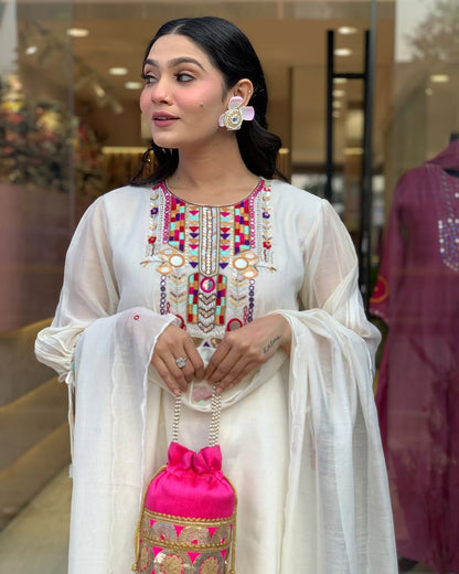 White Rana Pink Chanderi Silk Organza Kurti Set