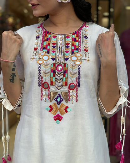 White Rana Pink Chanderi Silk Organza Kurti Set