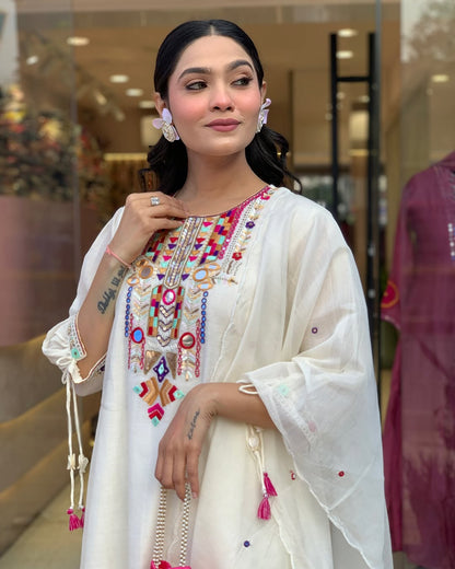 White Rana Pink Chanderi Silk Organza Kurti Set