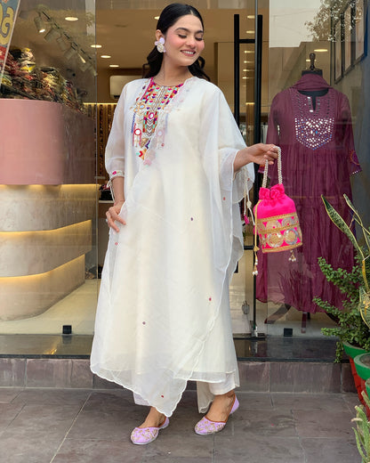 White Rana Pink Chanderi Silk Organza Kurti Set