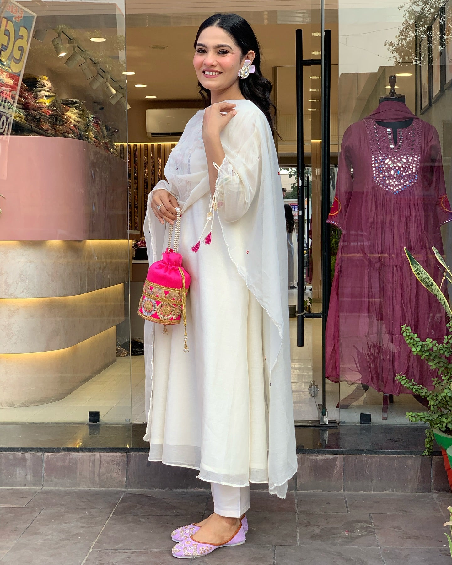 White Rana Pink Chanderi Silk Organza Kurti Set