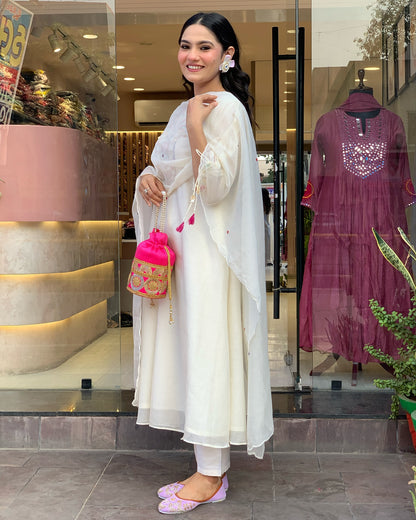 White Rana Pink Chanderi Silk Organza Kurti Set