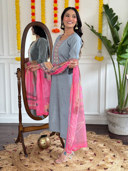 AAROHI Viscose Chanderi Pure Linen Kurti Set