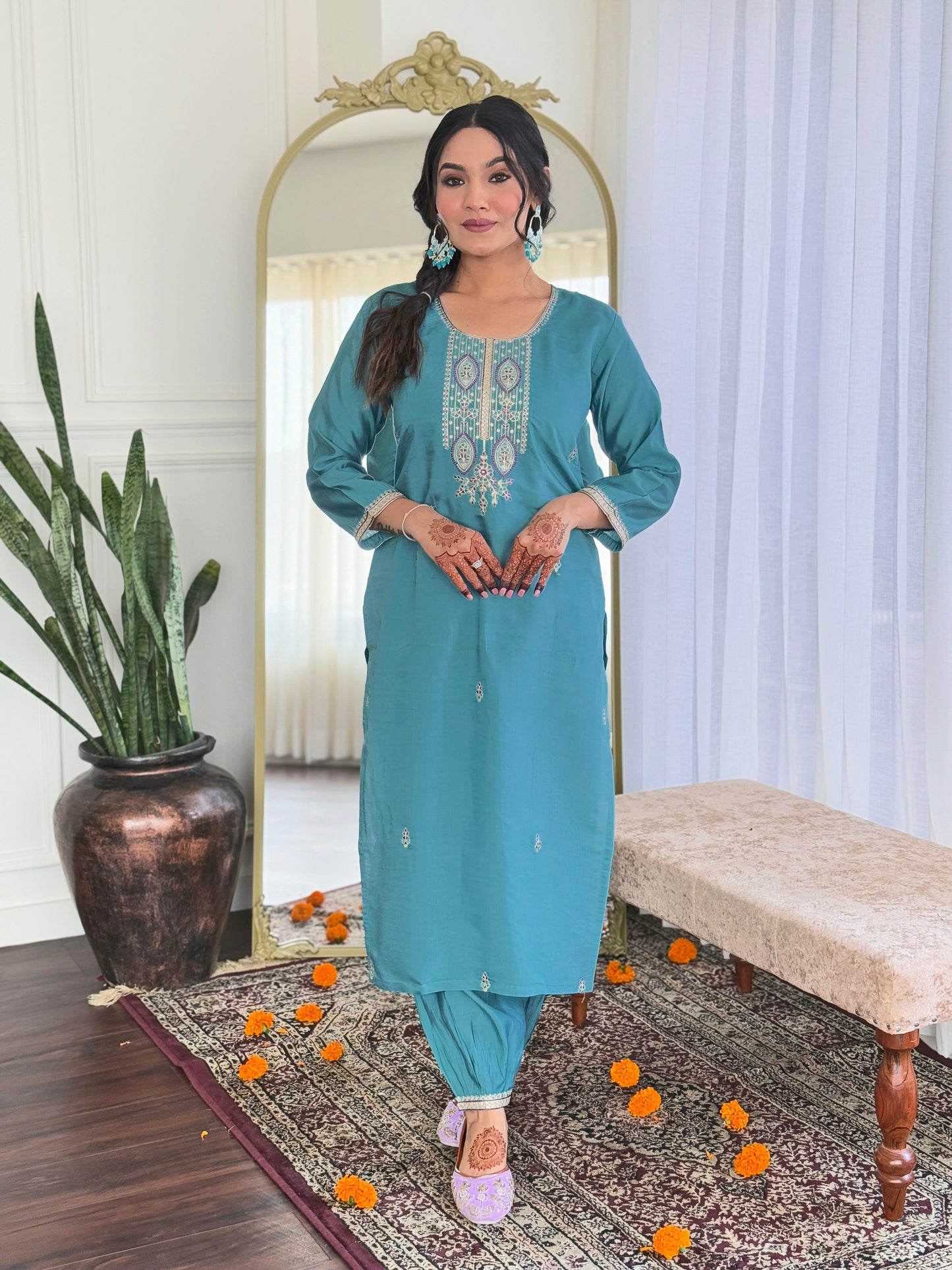 MONA Viscose Chanderi Linen Kurti Set