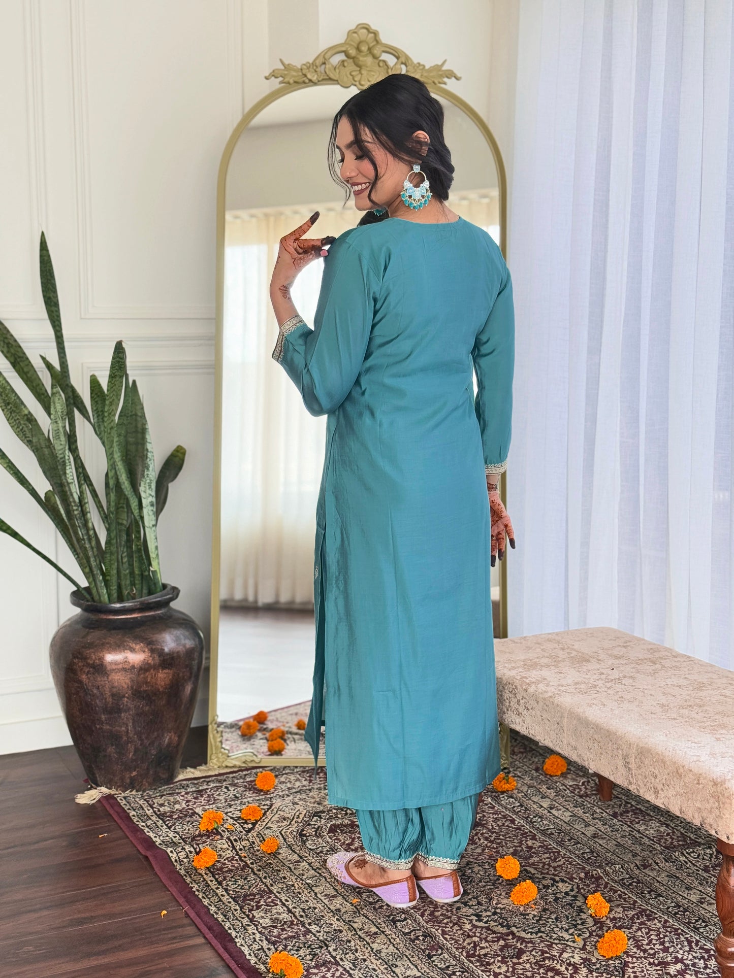 MONA Viscose Chanderi Linen Kurti Set