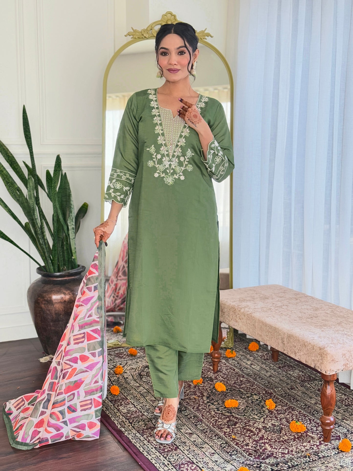 VEDA Viscose Chanderi Linen Kurti Set