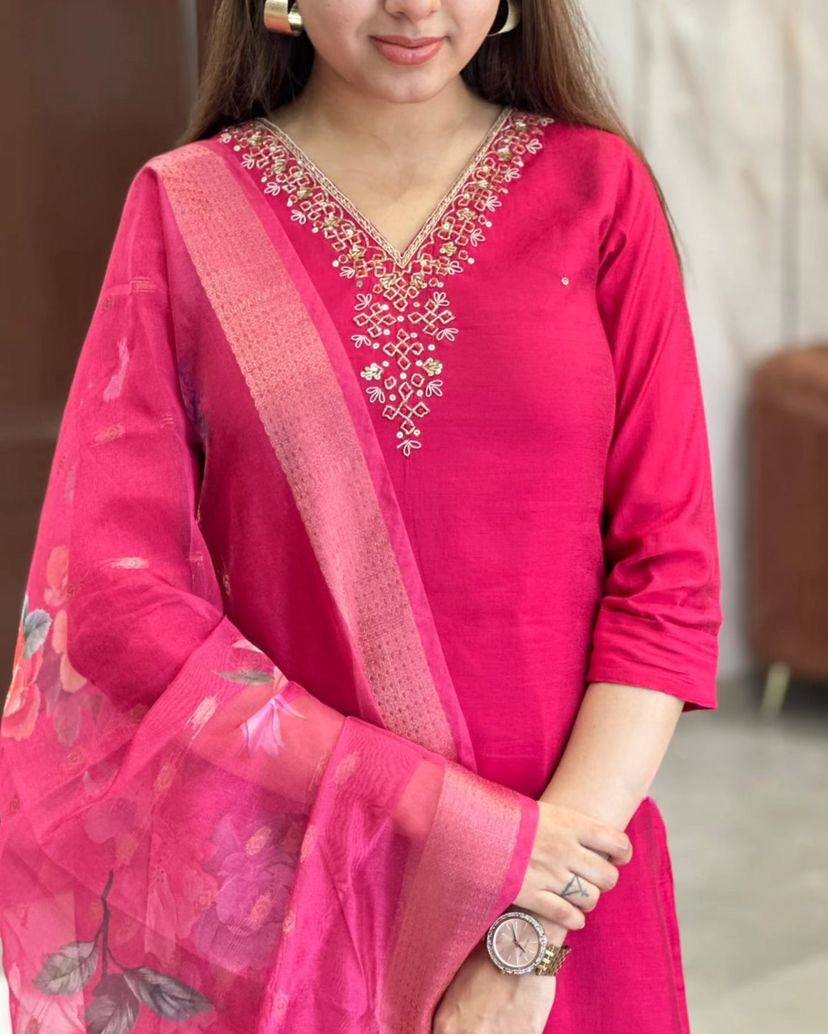 MEERA Viscose Chanderi Organza Kurti Set