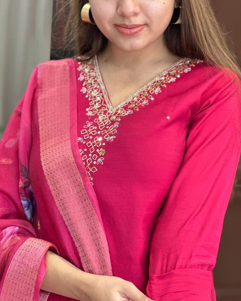 MEERA Viscose Chanderi Organza Kurti Set