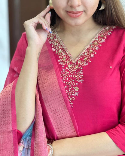 MEERA Viscose Chanderi Organza Kurti Set