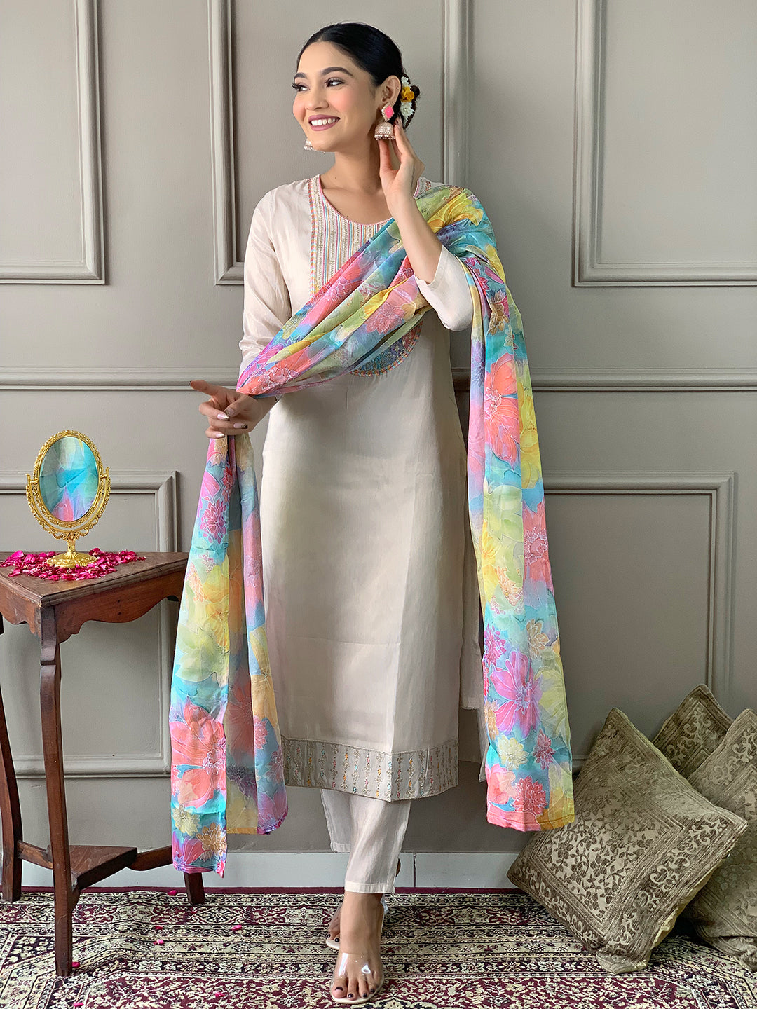 Cream Designer Kurti Set