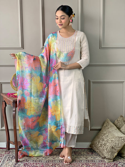 Cream Designer Kurti Set