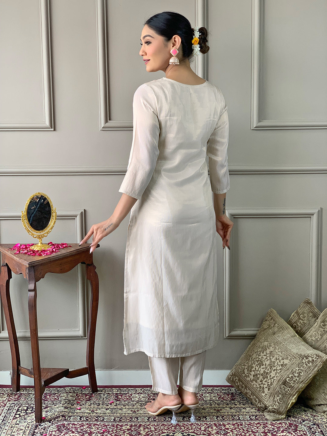 Cream Designer Kurti Set