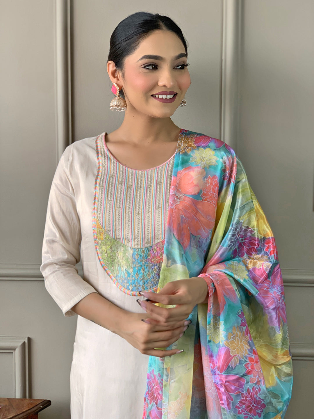 Cream Designer Kurti Set