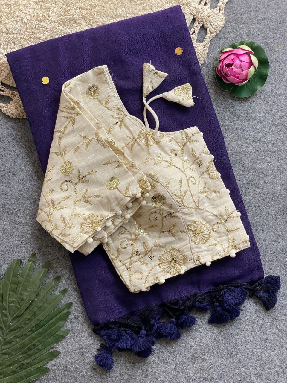 Divya Khadi Cotton Handloom Saree with Mirror Work and Embroidery Designer Blouse