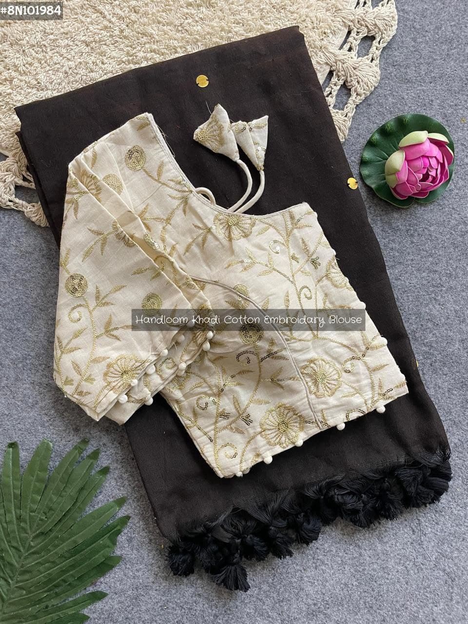 Divya Khadi Cotton Handloom Saree with Mirror Work and Embroidery Designer Blouse