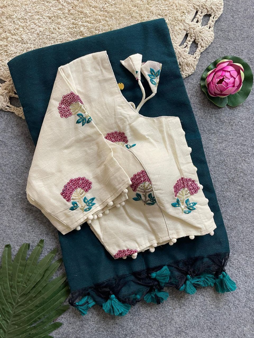 Divya Khadi Cotton Handloom Saree with Mirror Work and Embroidery Designer Blouse