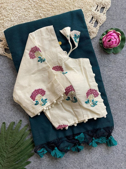 Divya Khadi Cotton Handloom Saree with Mirror Work and Embroidery Designer Blouse