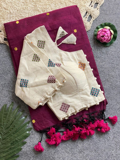 Divya Khadi Cotton Handloom Saree with Mirror Work and Embroidery Designer Blouse