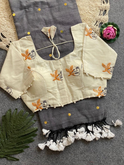 Divya Khadi Cotton Handloom Saree with Mirror Work and Embroidery Designer Blouse