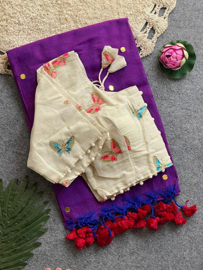 Divya Khadi Cotton Handloom Saree with Mirror Work and Embroidery Designer Blouse