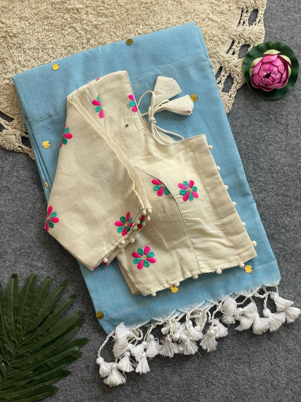 Divya Khadi Cotton Handloom Saree with Mirror Work and Embroidery Designer Blouse