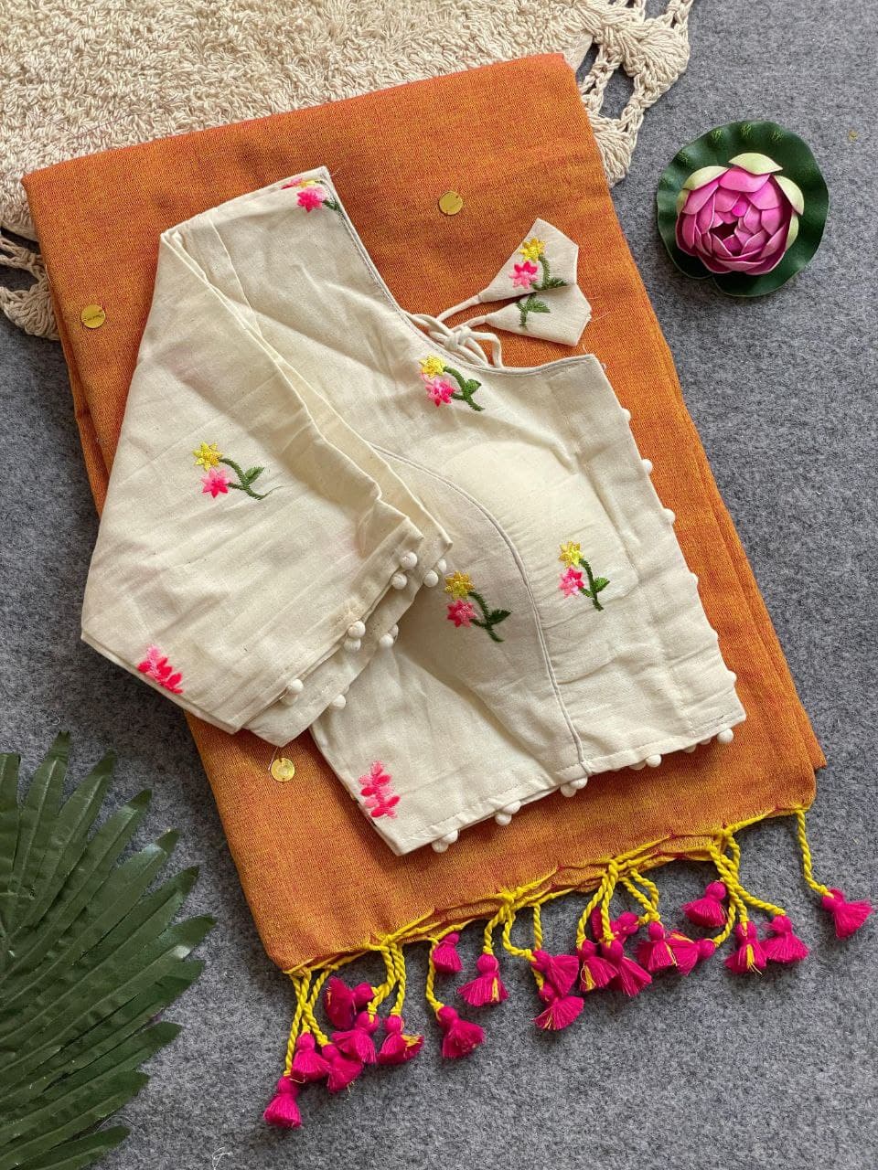 Divya Khadi Cotton Handloom Saree with Mirror Work and Embroidery Designer Blouse