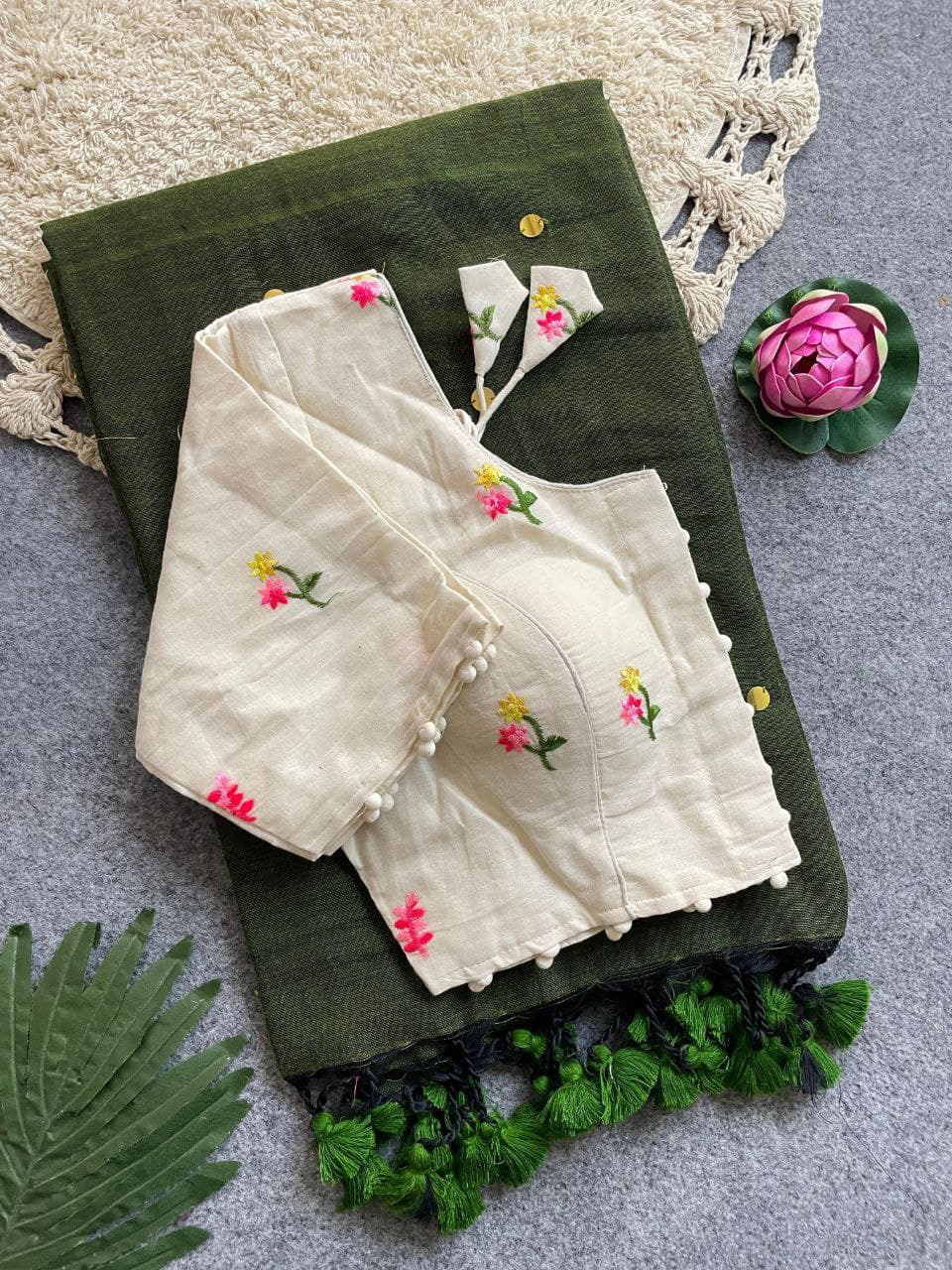 Divya Khadi Cotton Handloom Saree with Mirror Work and Embroidery Designer Blouse