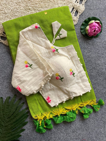 Divya Khadi Cotton Handloom Saree with Mirror Work and Embroidery Designer Blouse