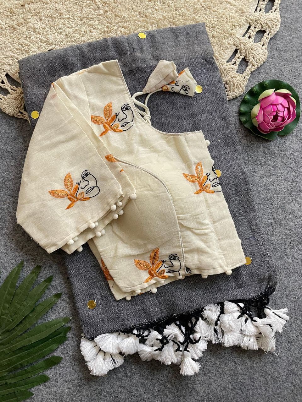 Divya Khadi Cotton Handloom Saree with Mirror Work and Embroidery Designer Blouse