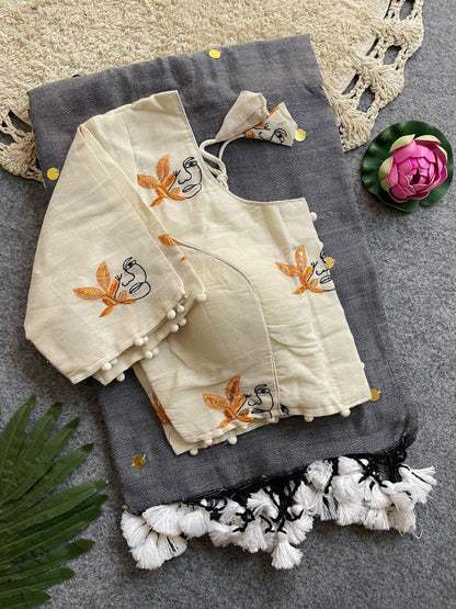 Divya Khadi Cotton Handloom Saree with Mirror Work and Embroidery Designer Blouse