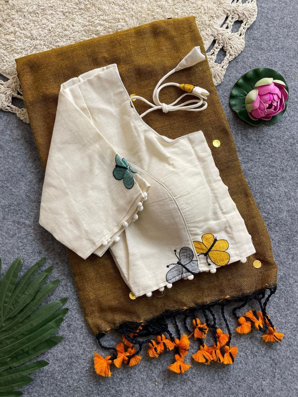 Divya Khadi Cotton Handloom Saree with Mirror Work and Embroidery Designer Blouse