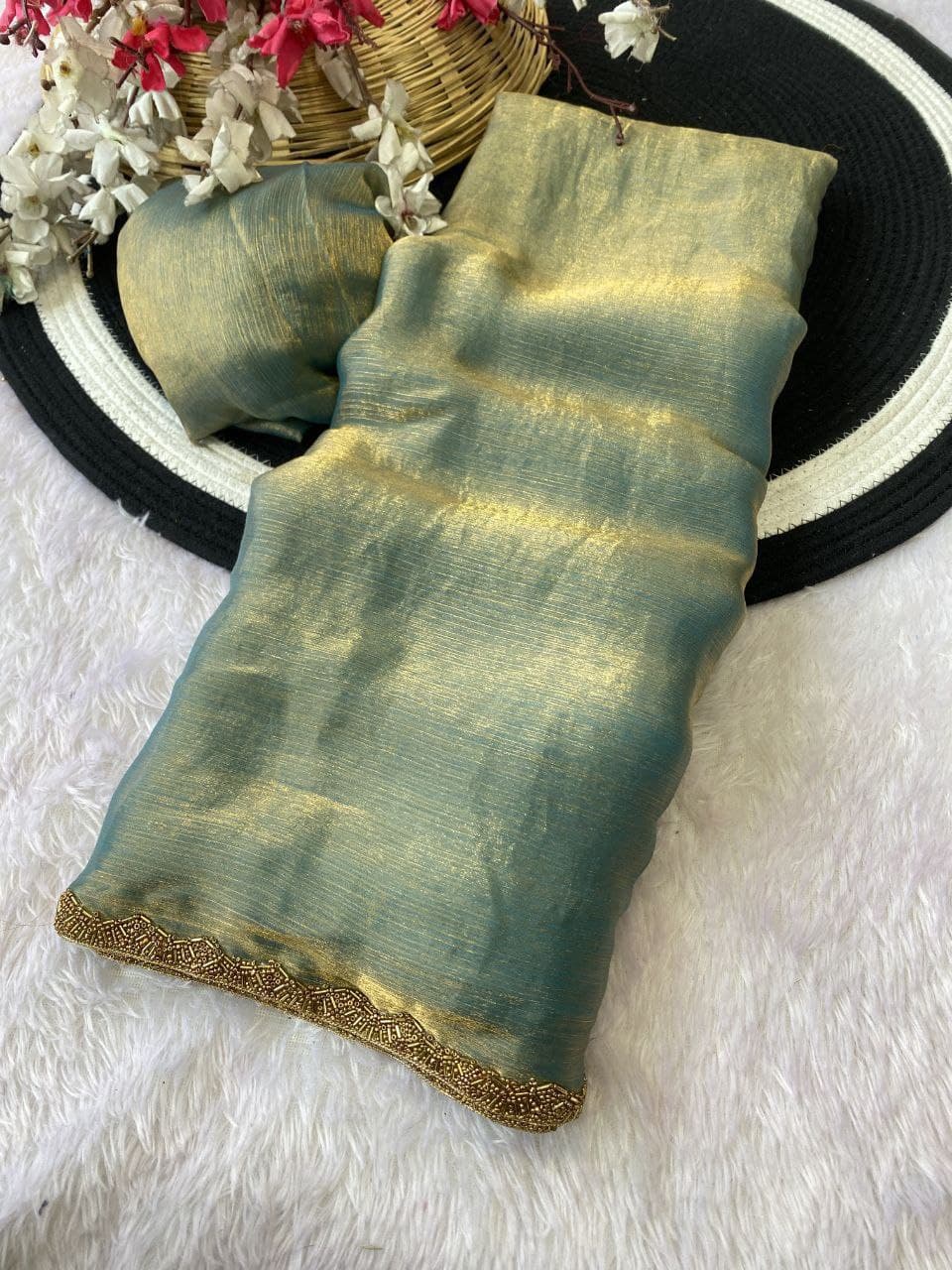 Apsara Fendy Chiffon Two-Tone Saree with Beads Handwork & Rich Border