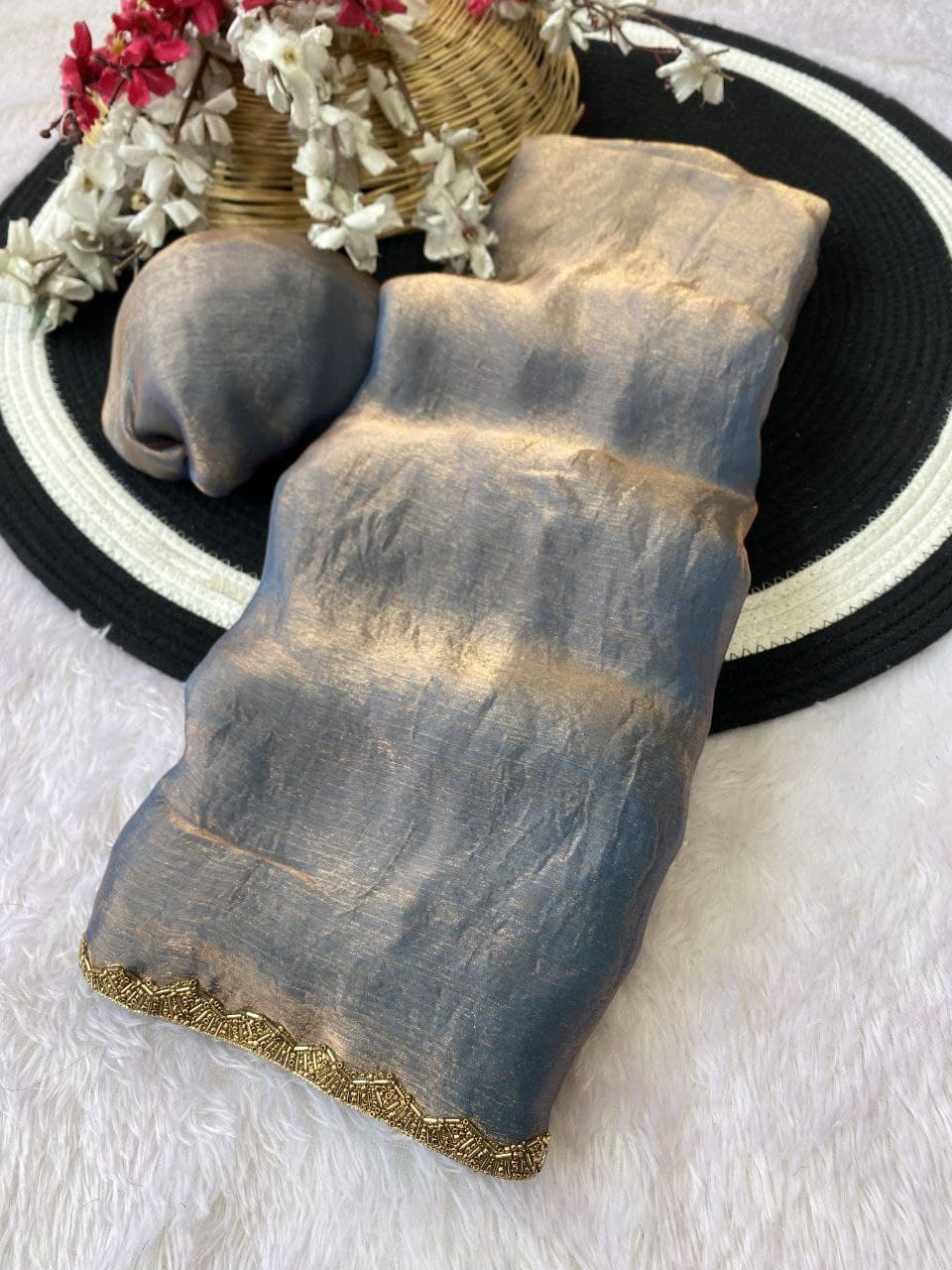 Apsara Fendy Chiffon Two-Tone Saree with Beads Handwork & Rich Border