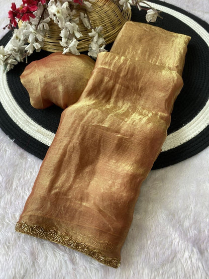 Apsara Fendy Chiffon Two-Tone Saree with Beads Handwork & Rich Border