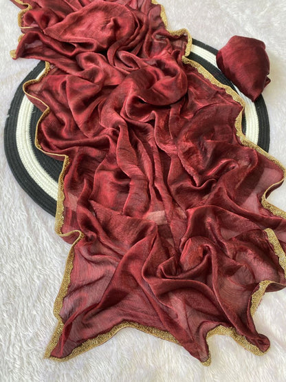 Apsara Fendy Chiffon Two-Tone Saree with Beads Handwork & Rich Border