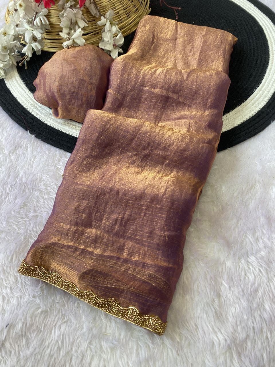 Apsara Fendy Chiffon Two-Tone Saree with Beads Handwork & Rich Border