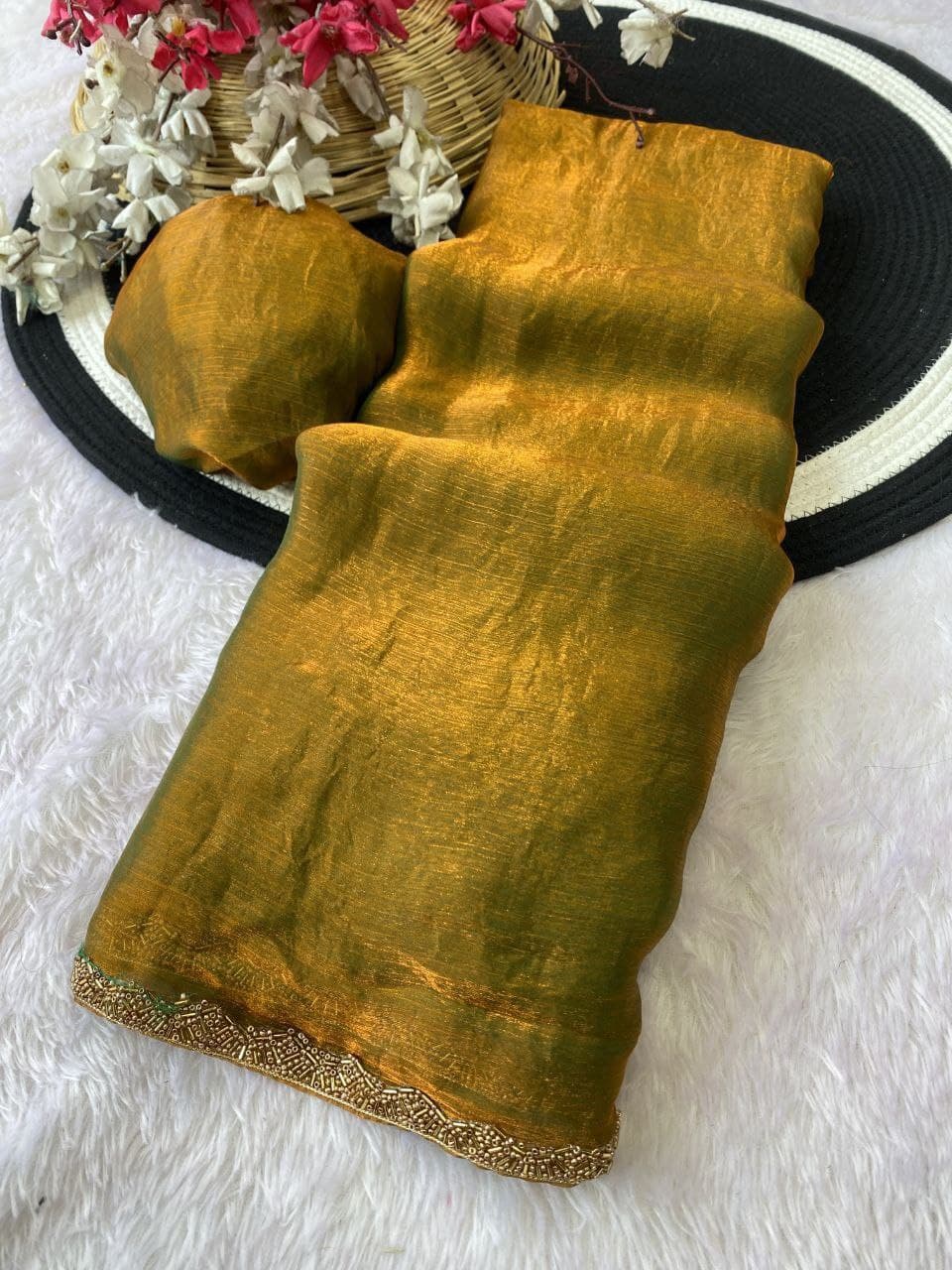 Apsara Fendy Chiffon Two-Tone Saree with Beads Handwork & Rich Border