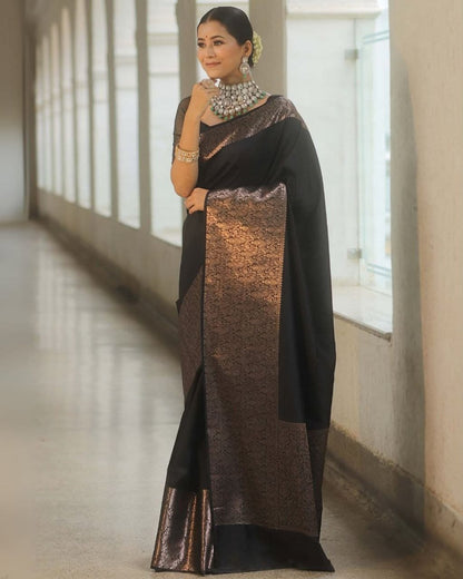 Elegant Black Queen Soft Lichi Silk Saree with Jacquard Border & Rich Blouse