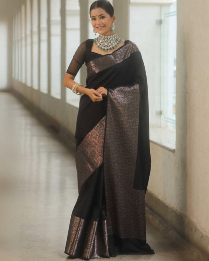 Elegant Black Queen Soft Lichi Silk Saree with Jacquard Border & Rich Blouse