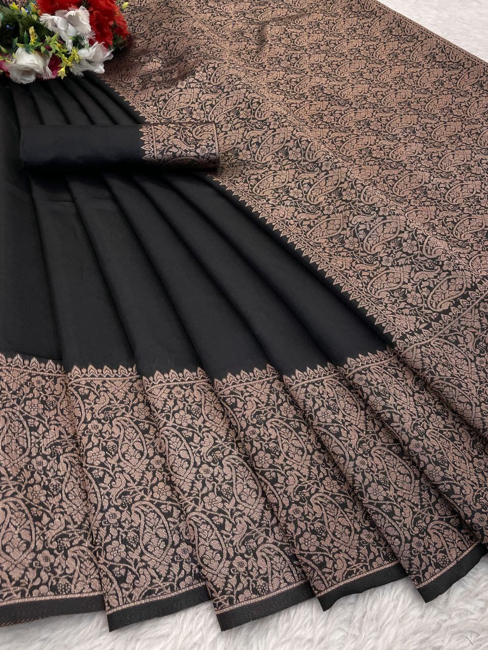 Elegant Black Queen Soft Lichi Silk Saree with Jacquard Border & Rich Blouse
